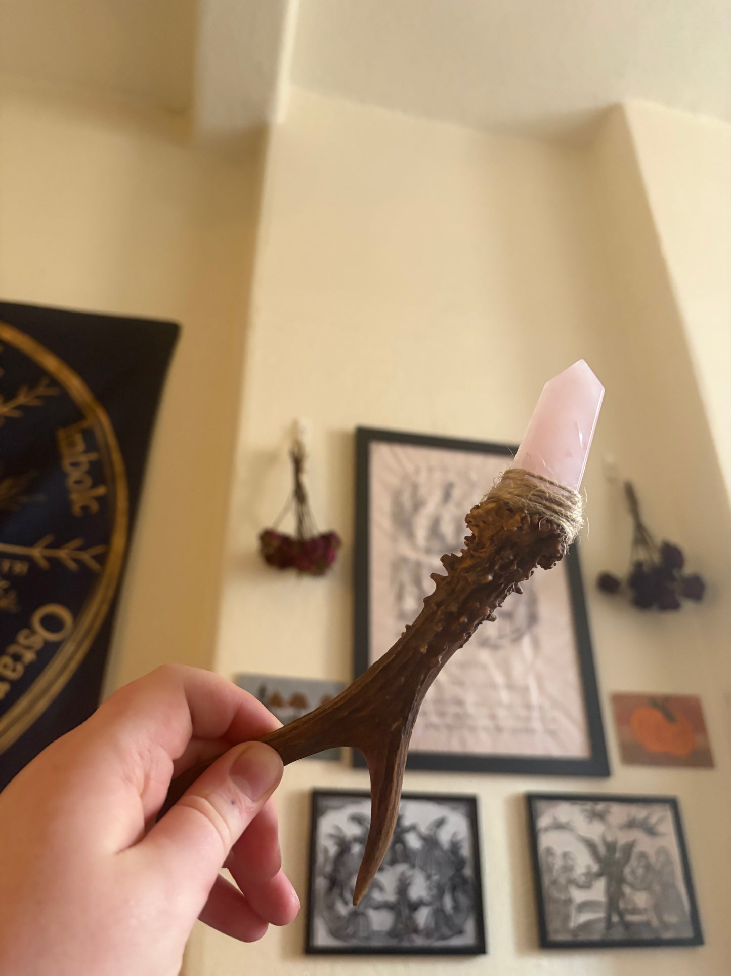 Antler wand with rose quartz point
