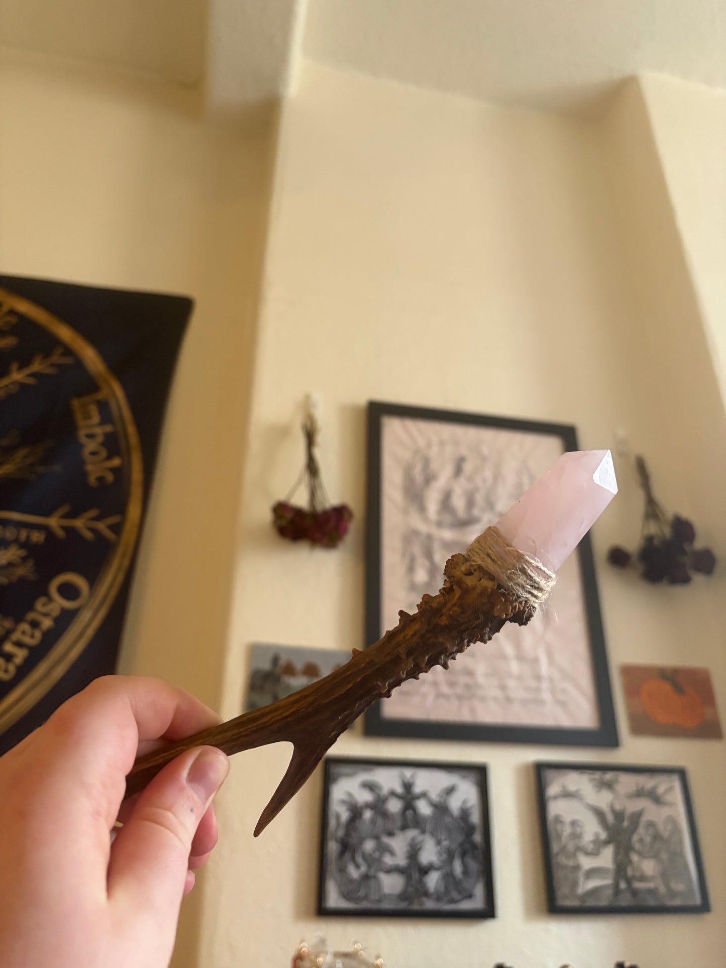 Antler wand with rose quartz point