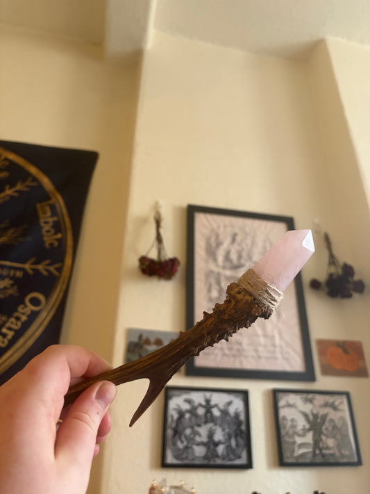 Antler wand with rose quartz point