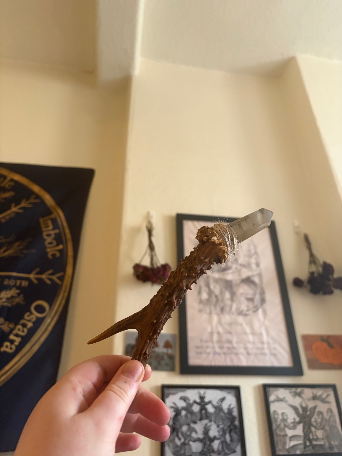 Antler wand with smoky quartz point