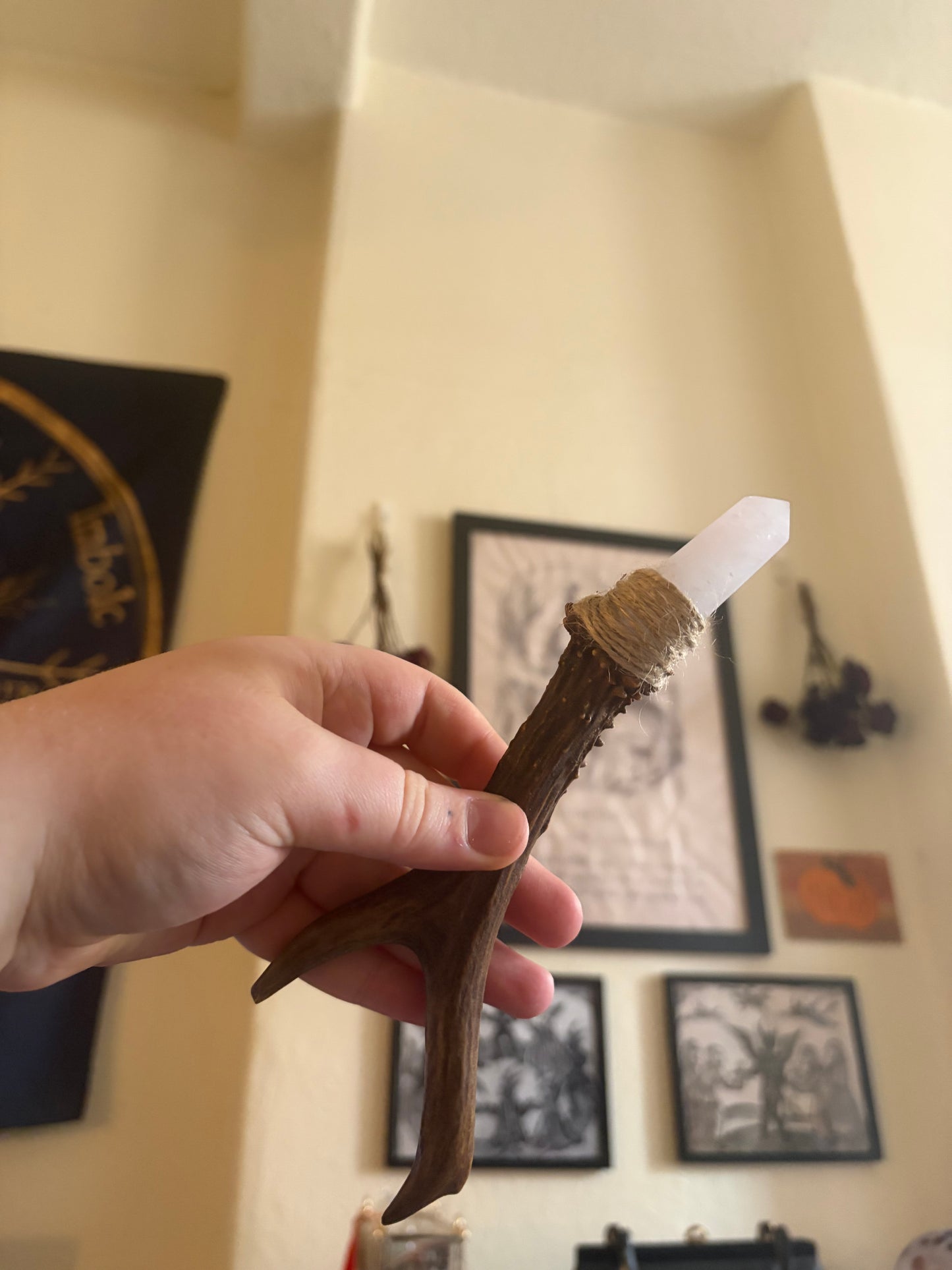 Antler wand with rose quartz point