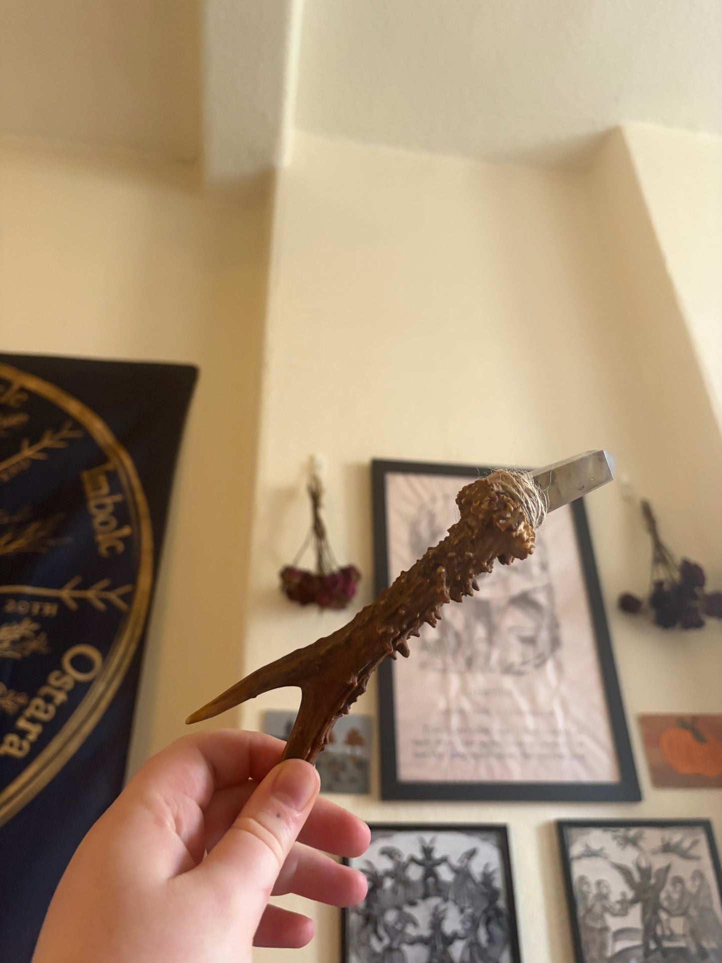 Antler wand with smoky quartz point