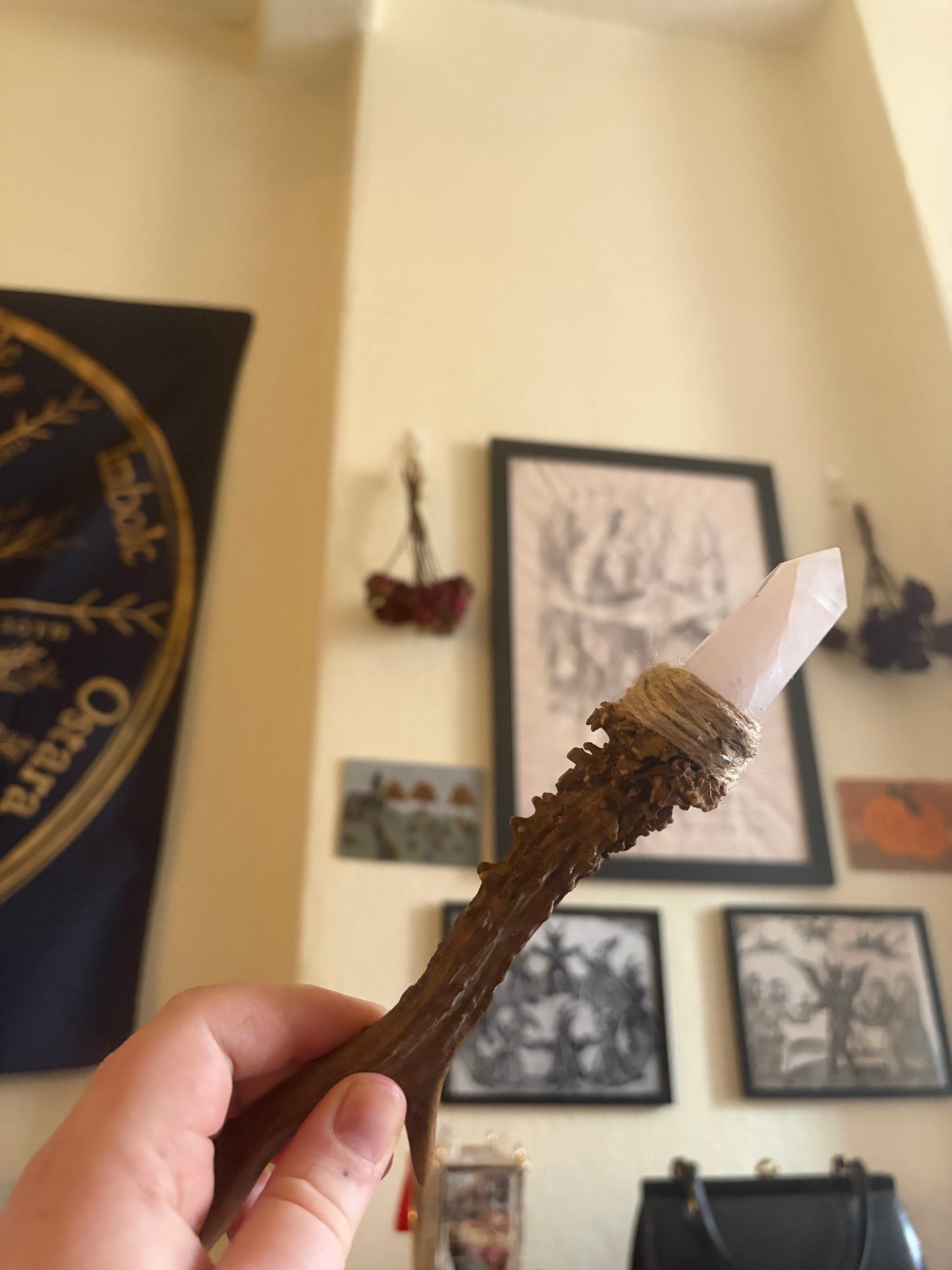 Antler wand with rose quartz point