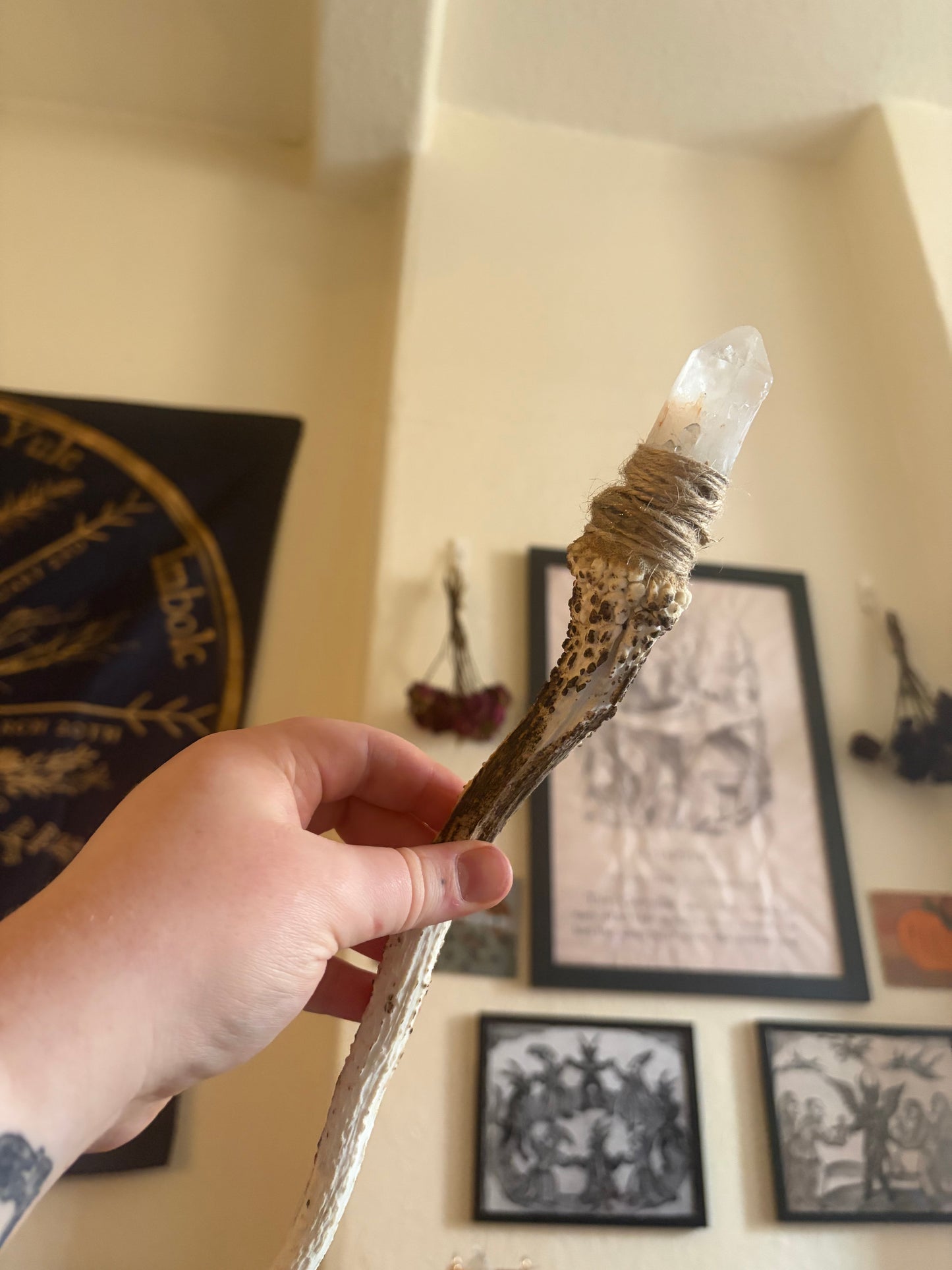 Antler wand with clear quartz point