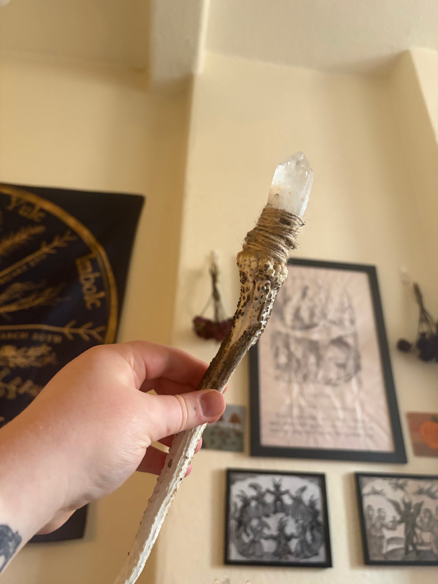 Antler wand with clear quartz point