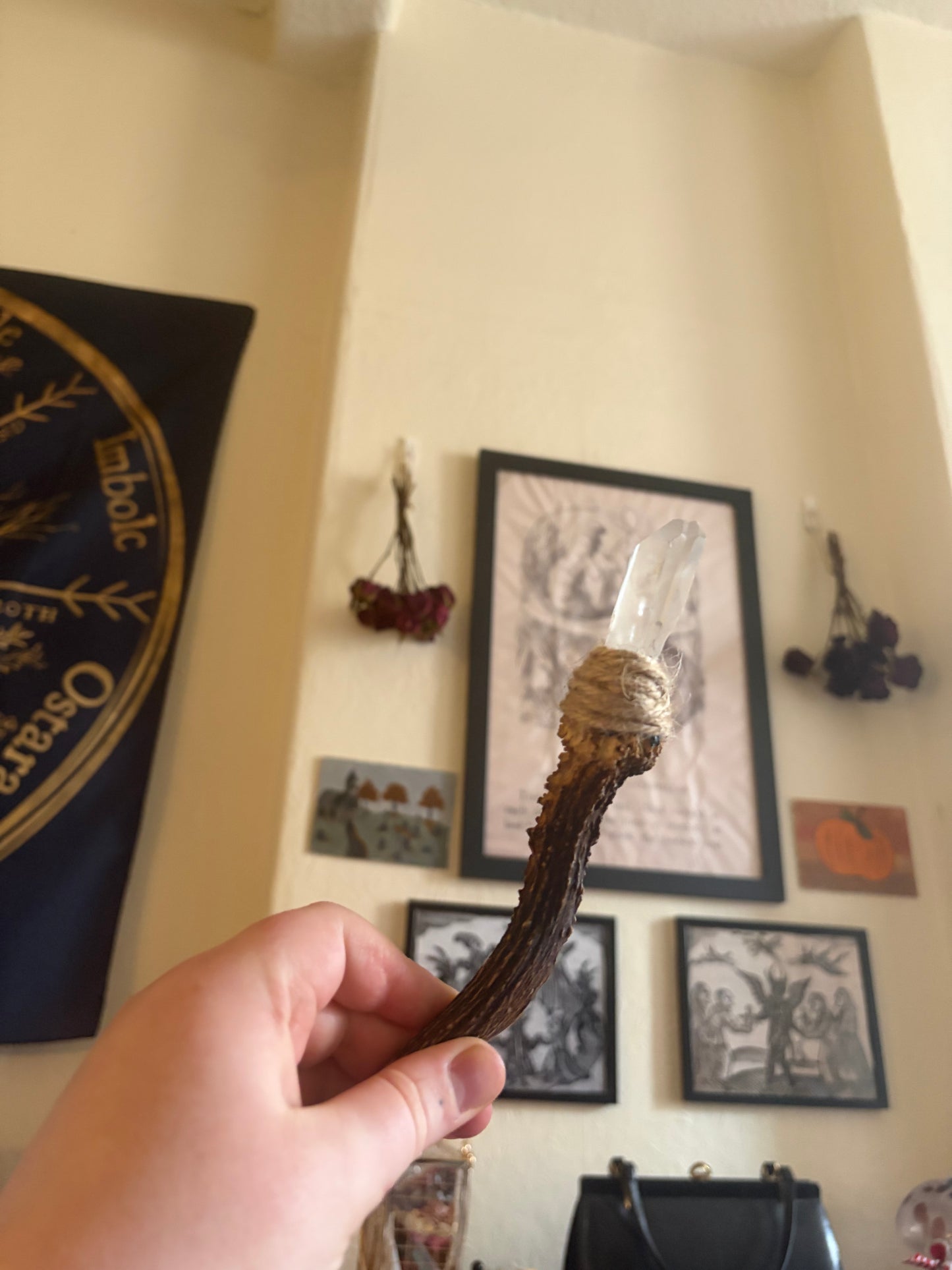 Antler wand with clear quartz point