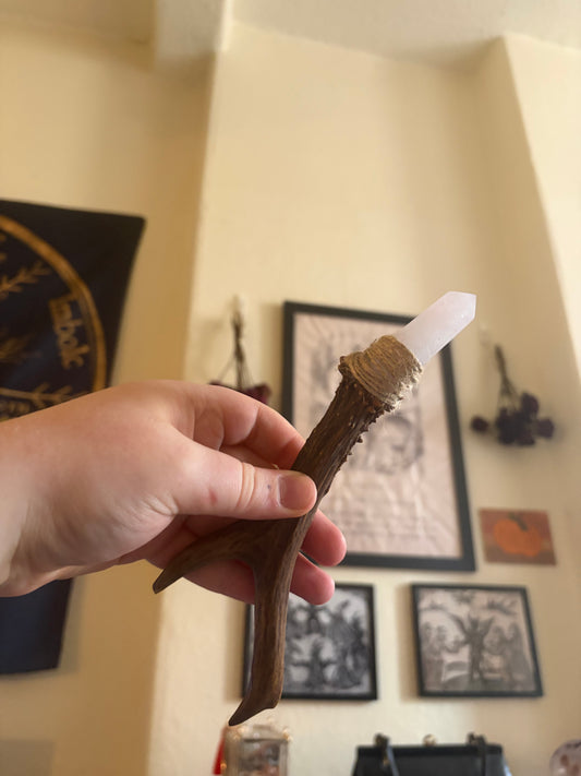Antler wand with rose quartz point