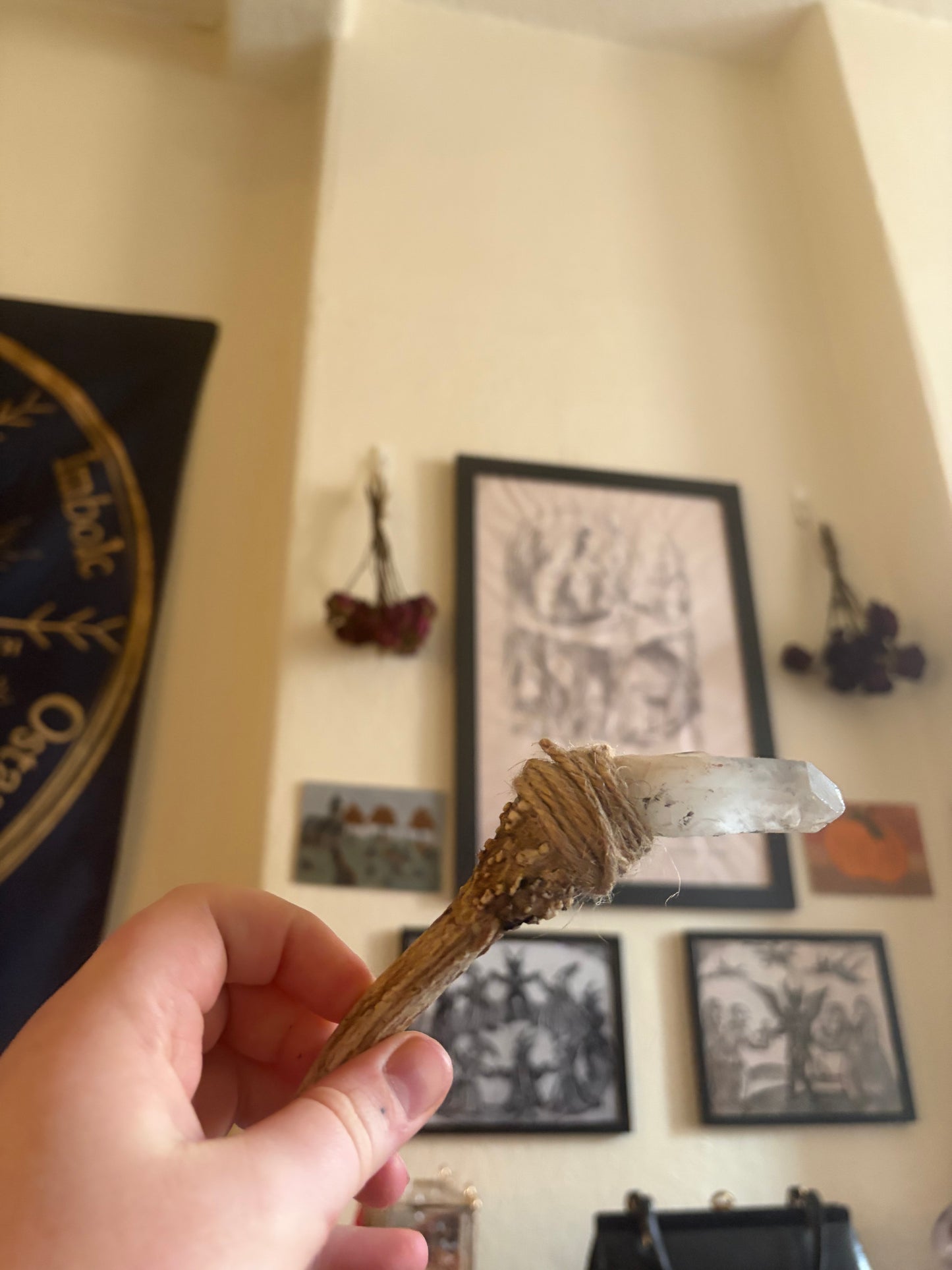Antler wand with clear quartz point