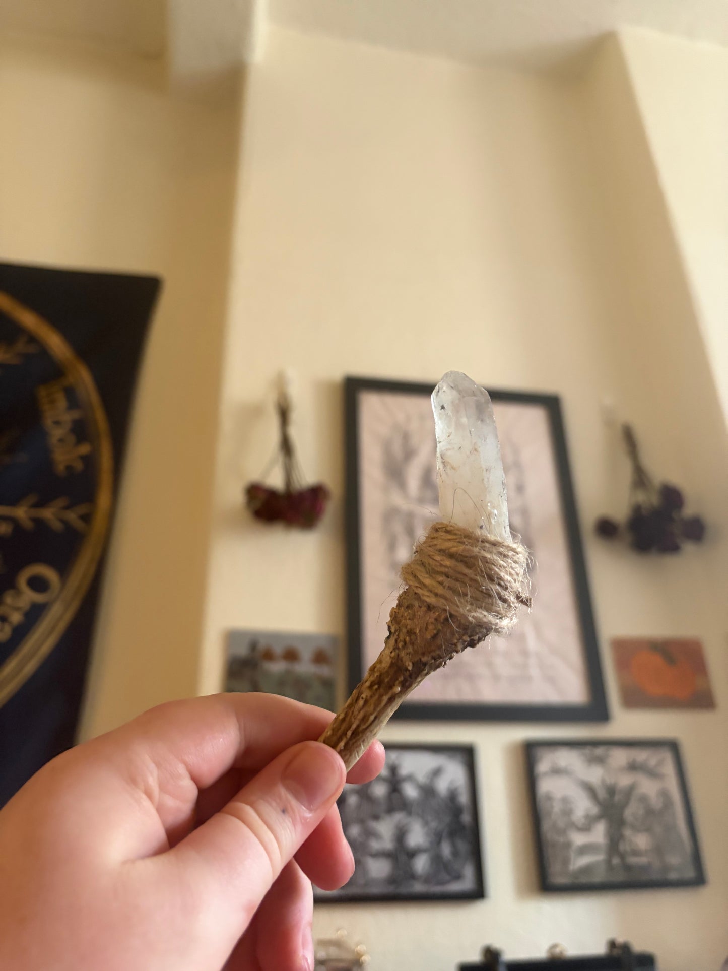 Antler wand with clear quartz point