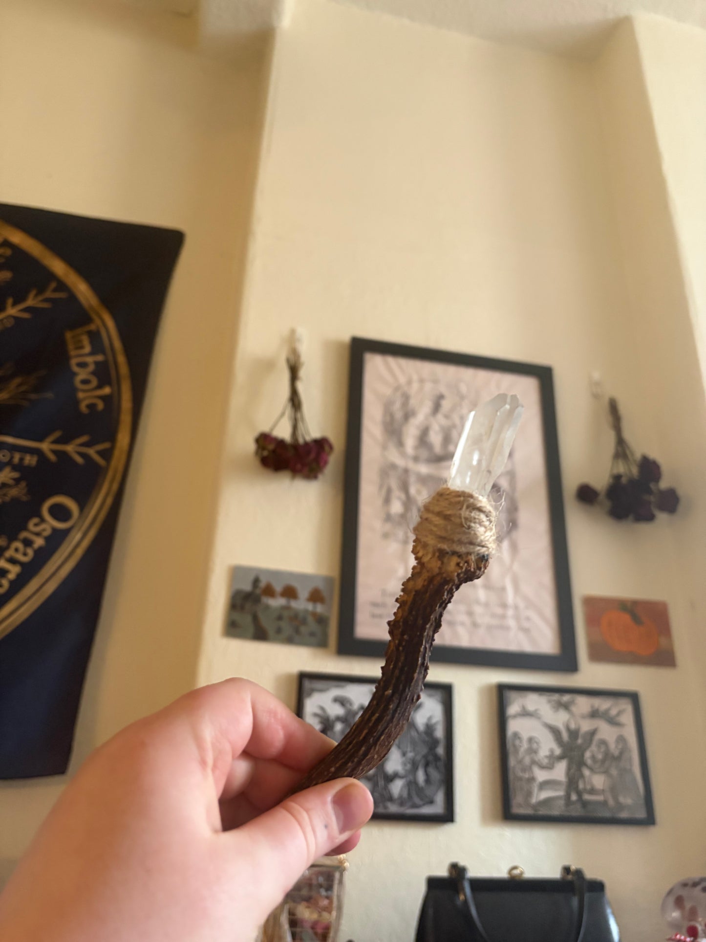 Antler wand with clear quartz point
