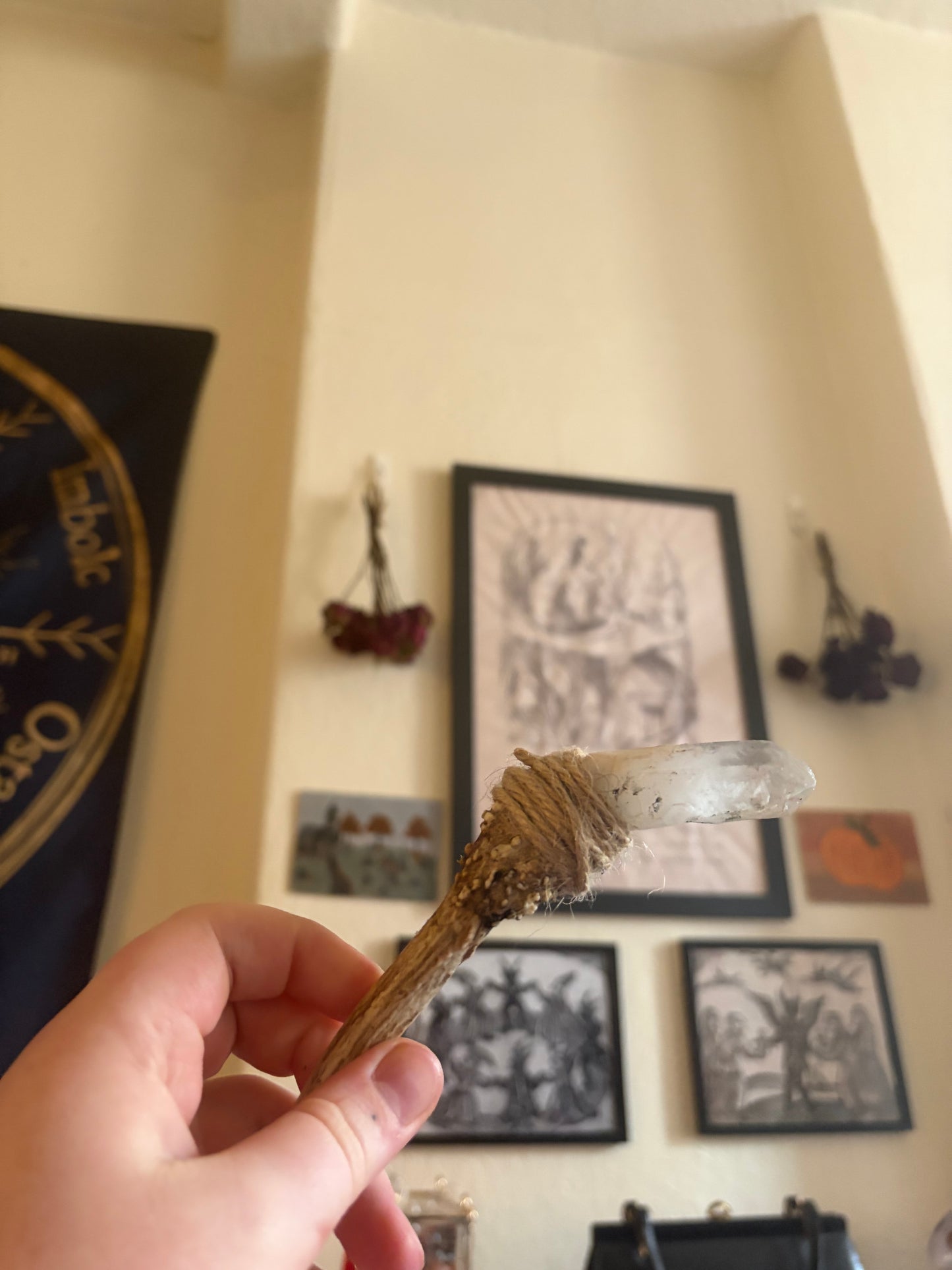 Antler wand with clear quartz point