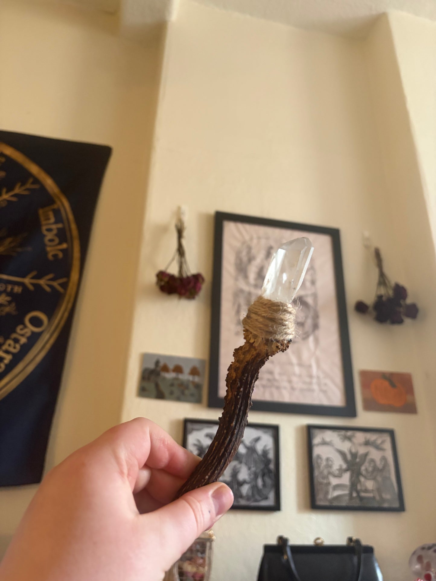 Antler wand with clear quartz point