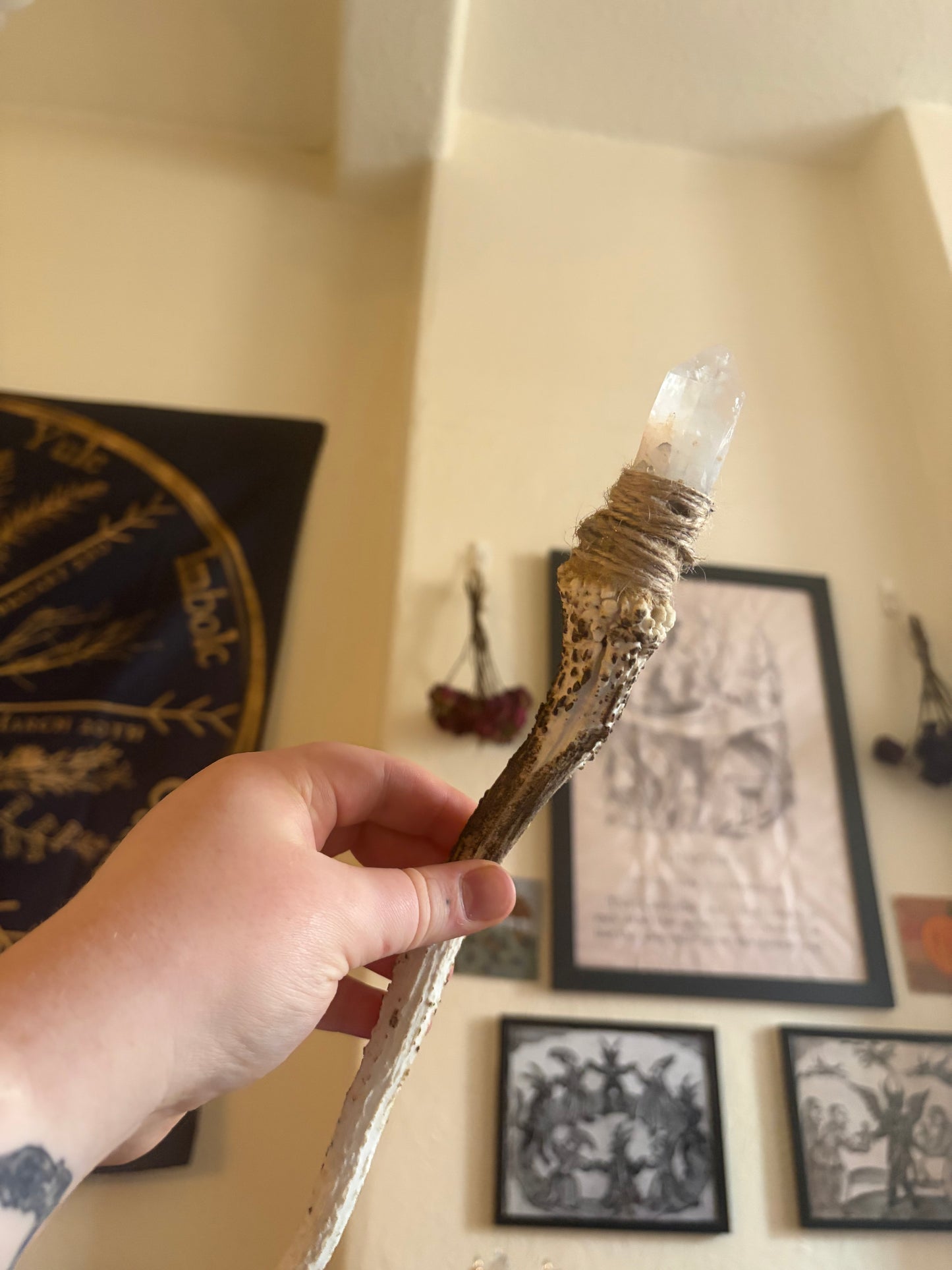 Antler wand with clear quartz point