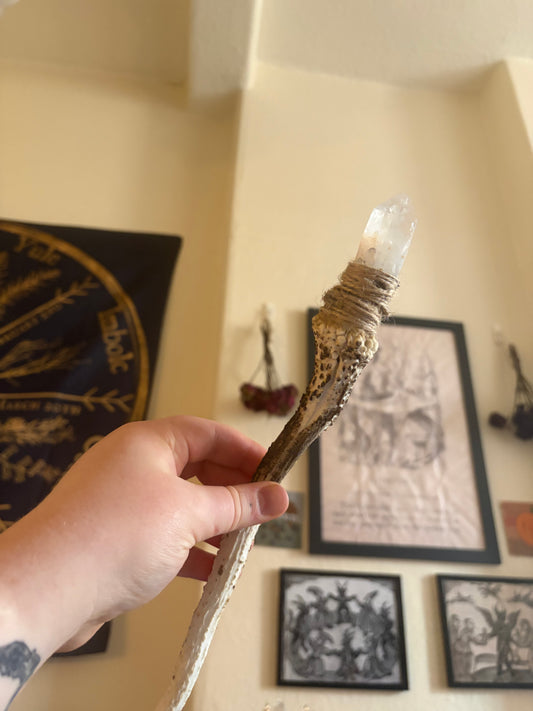Antler wand with clear quartz point
