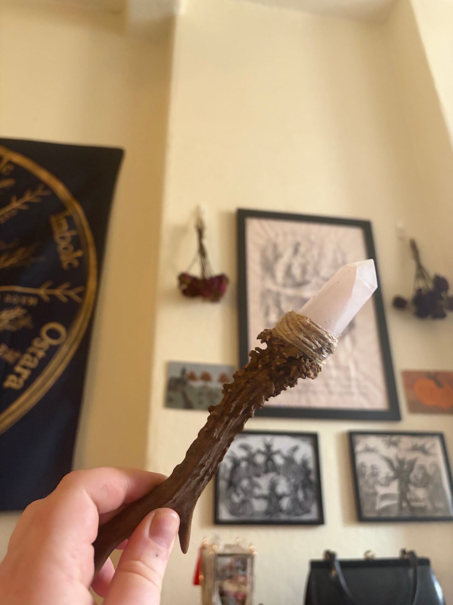 Antler wand with rose quartz point